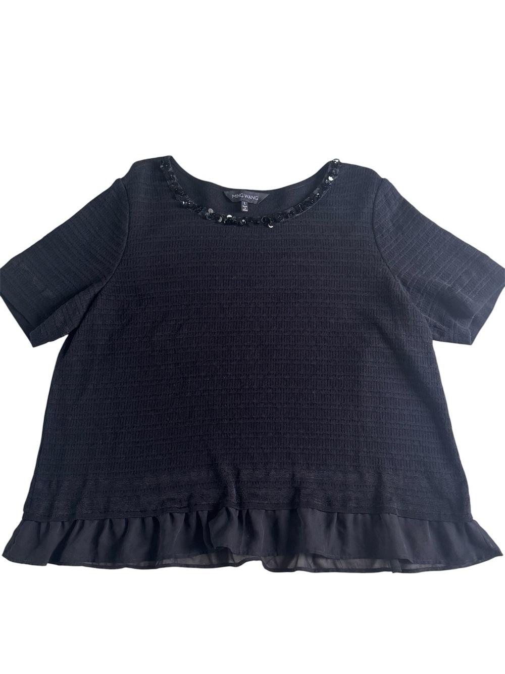 Ming Wang Knit Black Top Embellished Neck Short Sleeve Top